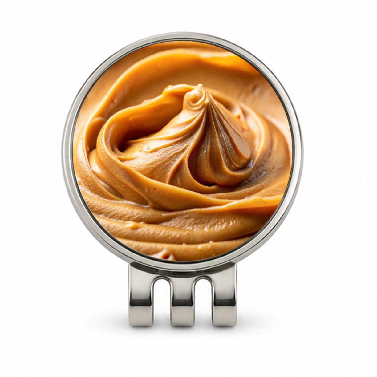 Close-up of Creamy Peanut Butter Golf Hat Clip with Ball Marker