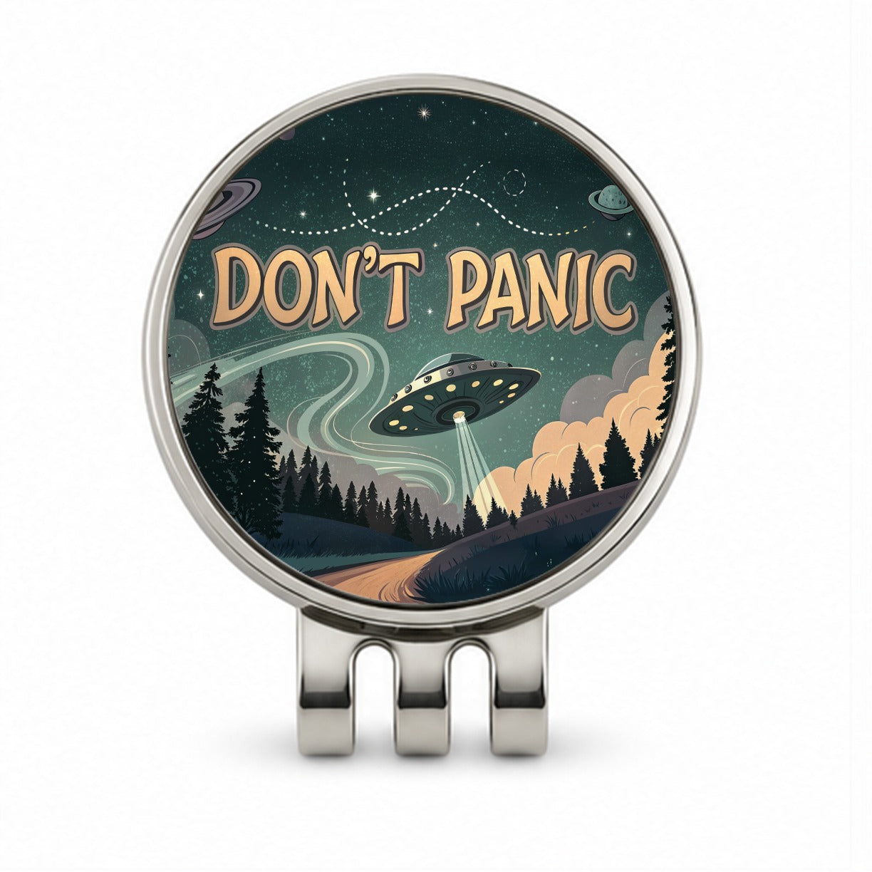 Don't Panic Retro UFO Invasion Funny Golf Hat Clip with Ball Marker