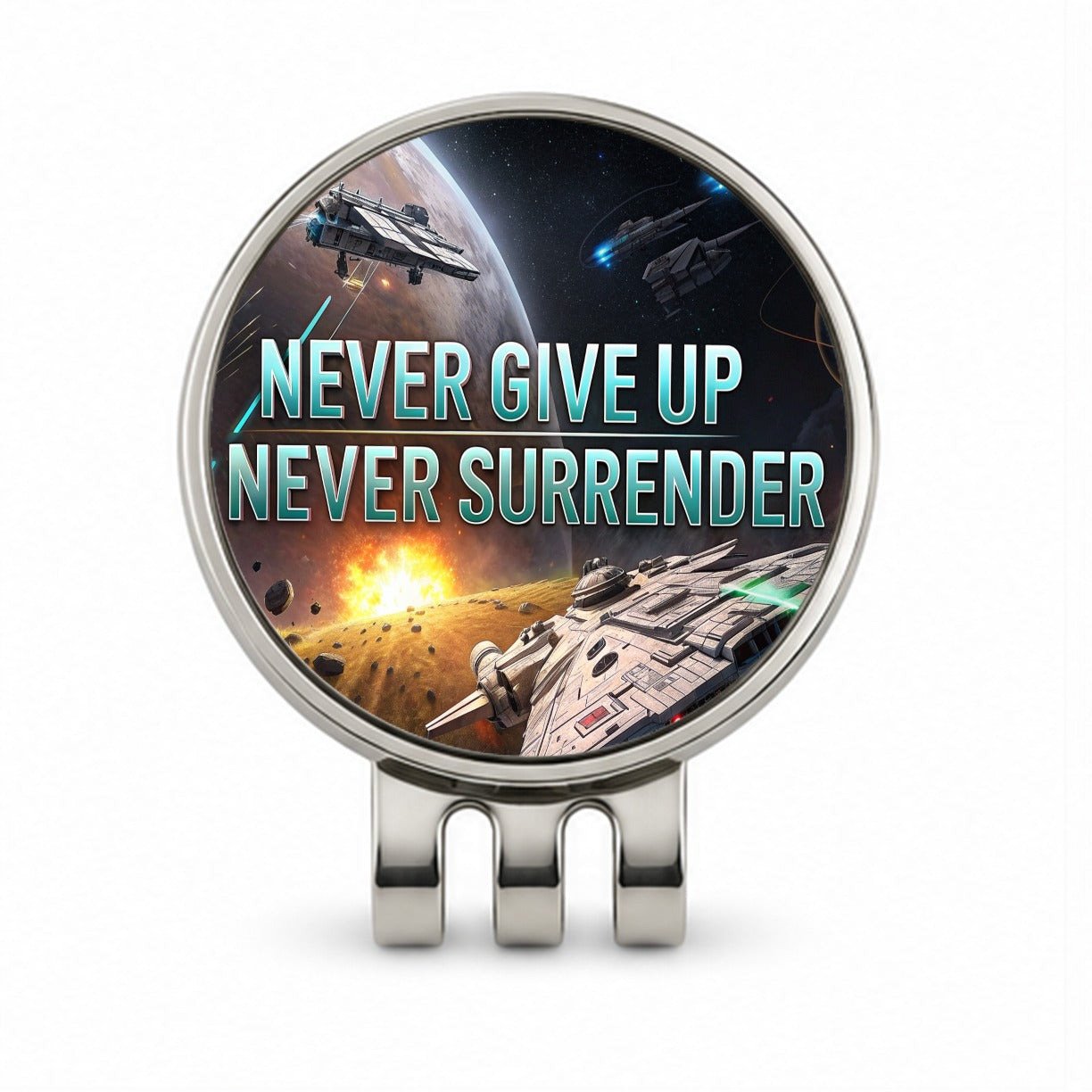 Never Give Up Never Surrender Inspirational Sci-Fi Space Golf Hat Clip with Ball Marker
