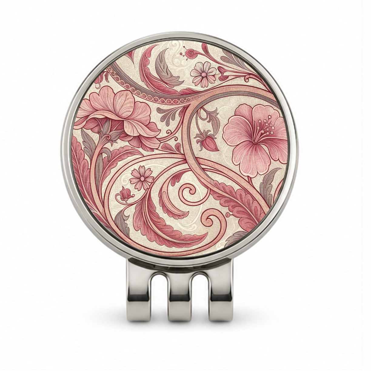 Art Nouveau Pattern Pink Leaf Flowers Golf Hat Clip with Ball Marker