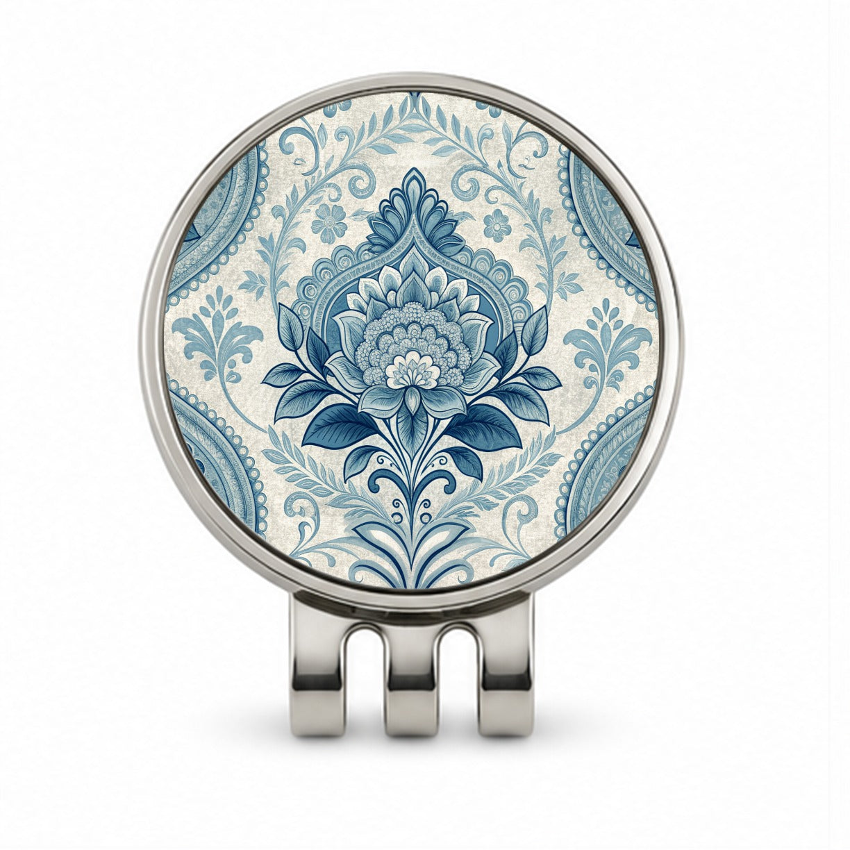 Blue Victorian Decorative Floral Pattern Golf Hat Clip with Ball Marker