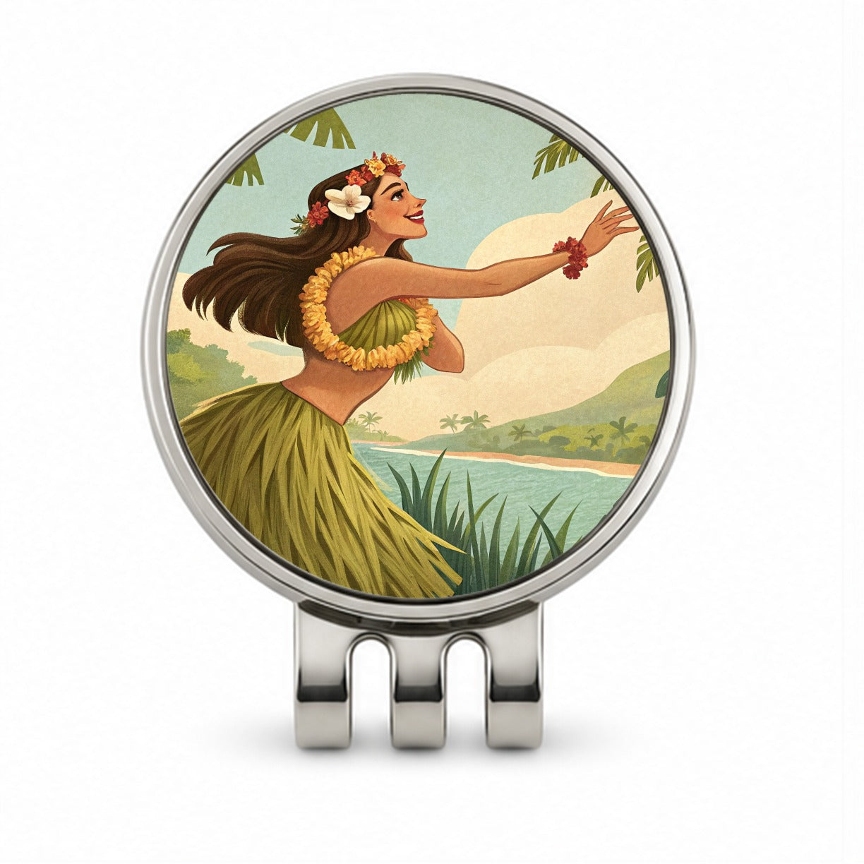 Dancing Hawaiian Hula Girl in Grass Skirt Golf Hat Clip with Ball Marker