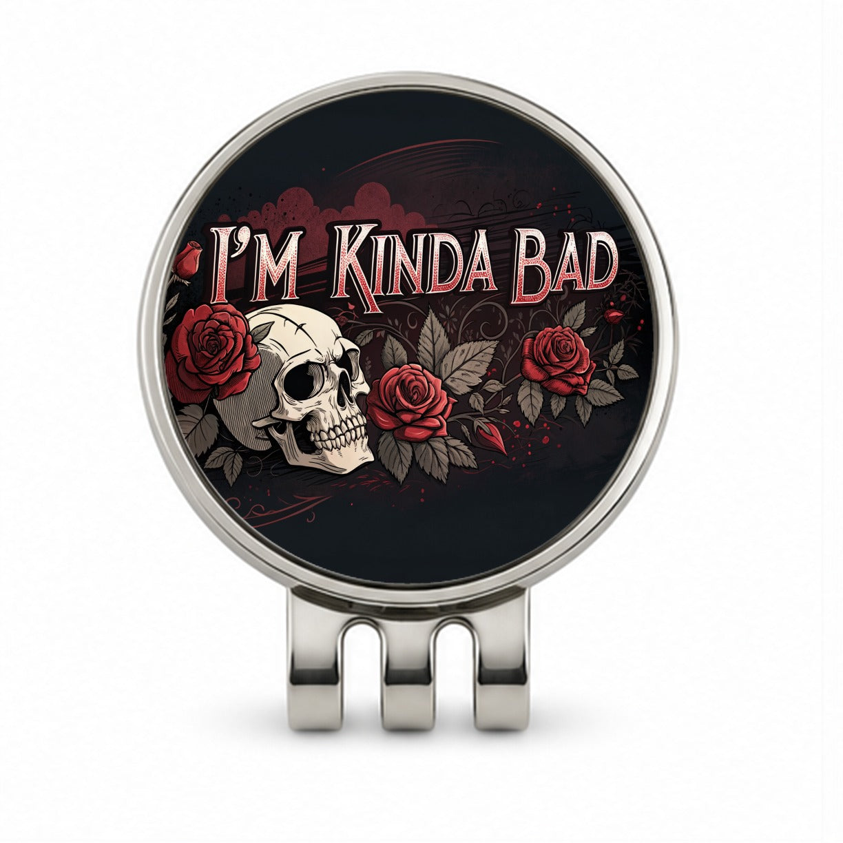 I'm Kinda Bad Skull Red Roses Golf Hat Clip with Ball Marker