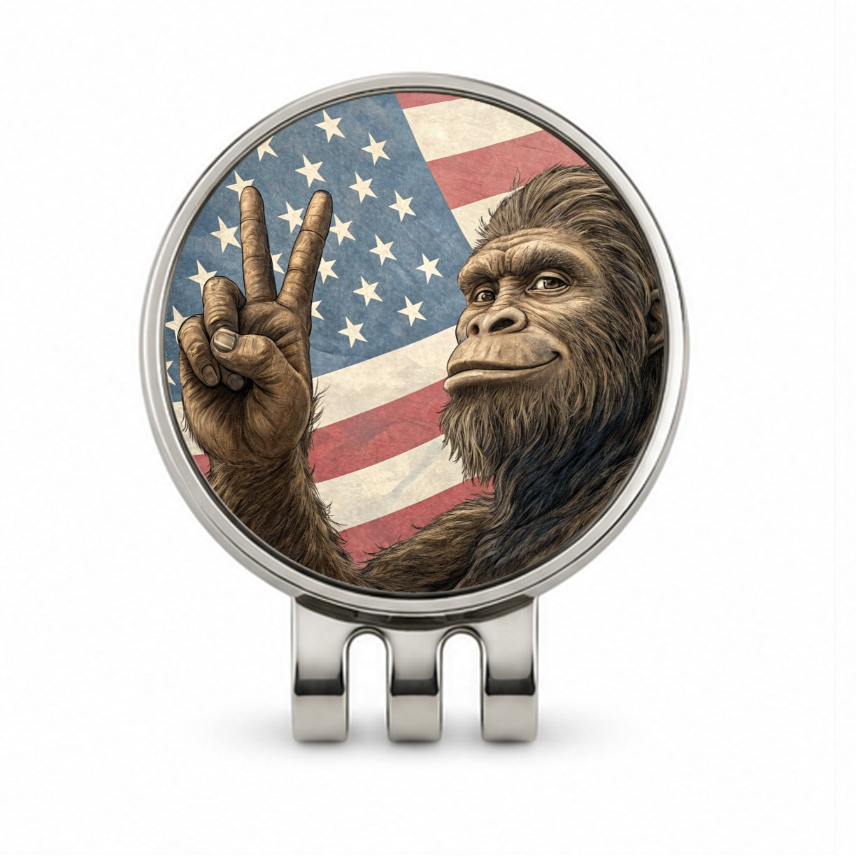 Patriotic Bigfoot Giving The Peace Sign Golf Hat Clip with Ball Marker
