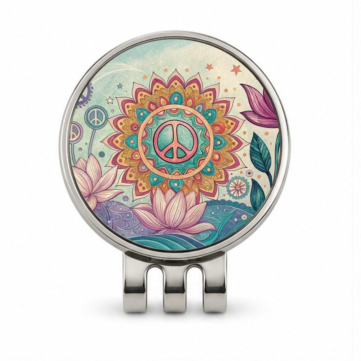 Peace Sign Symbols Mandala Flower Golf Hat Clip with Ball Marker