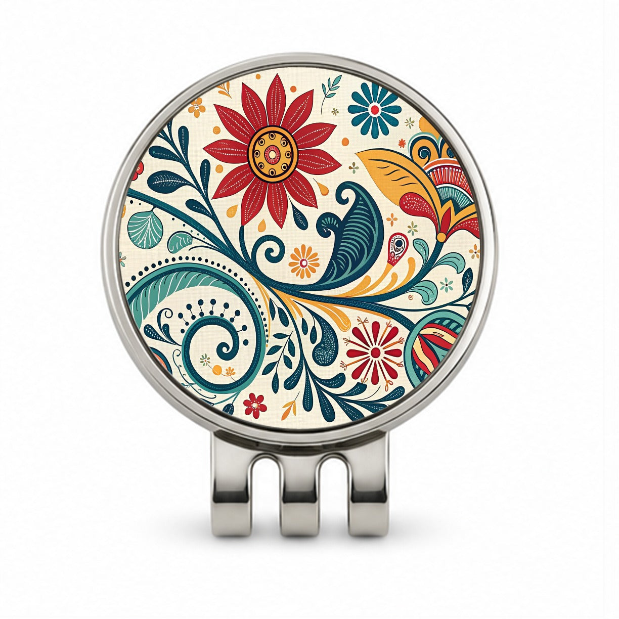 Traditional Folk Art Floral Pattern Golf Hat Clip with Ball Marker