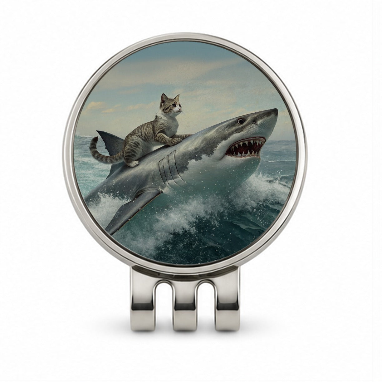 Cat Riding Shark Funny Golf Hat Clip with Ball Marker