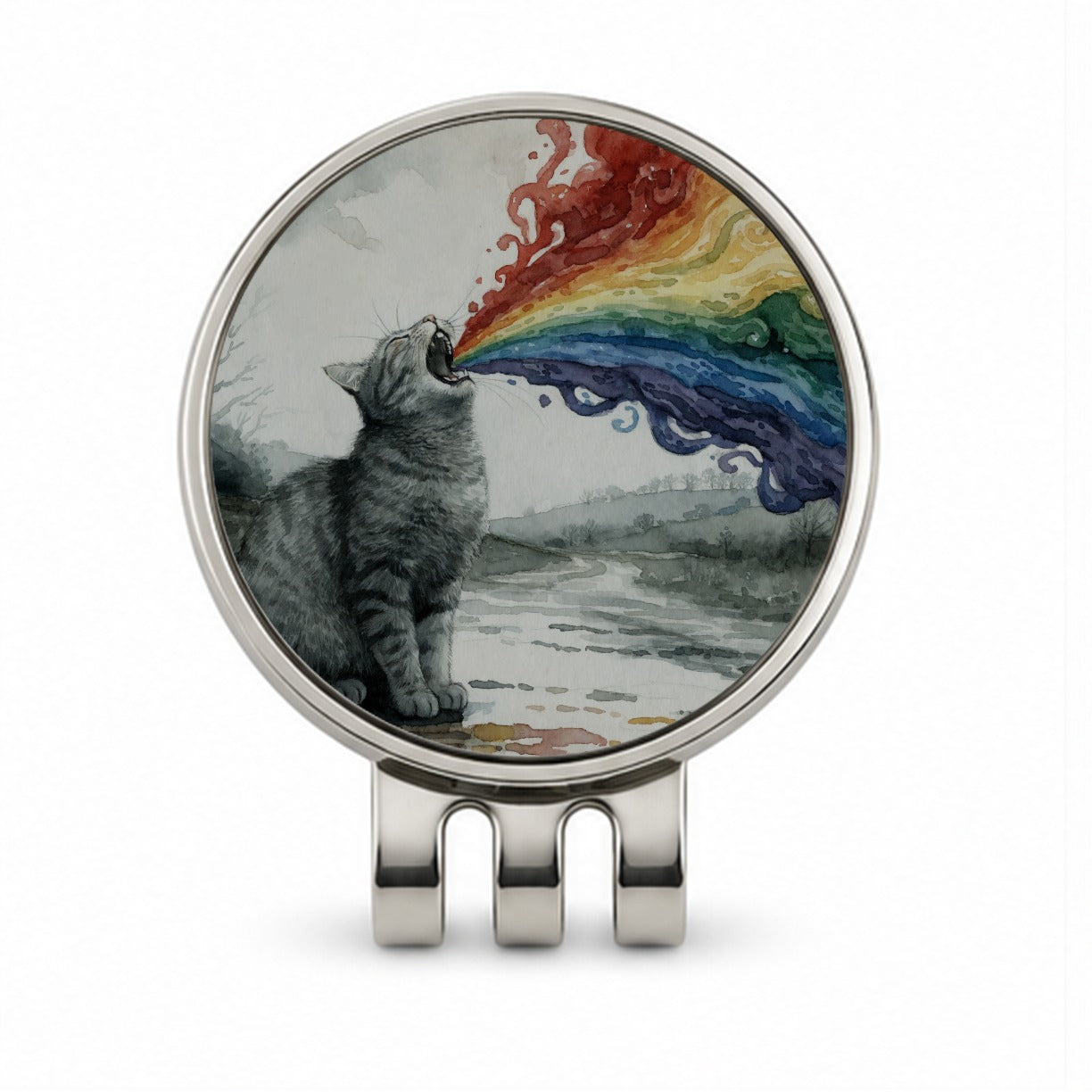 Cat Vomiting Rainbow Watercolor Golf Hat Clip with Ball Marker