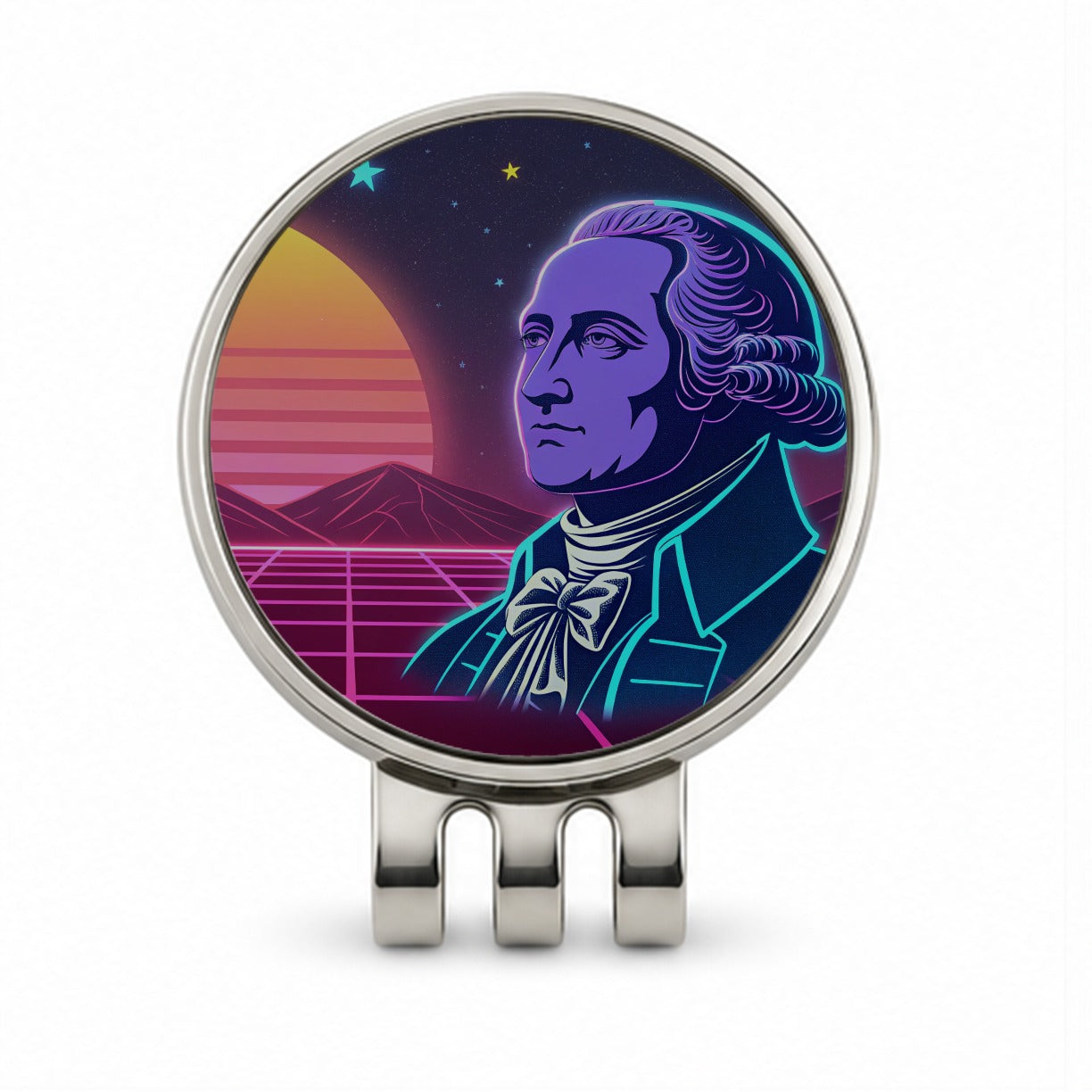 George Washington Synthwave Art Golf Hat Clip with Ball Marker