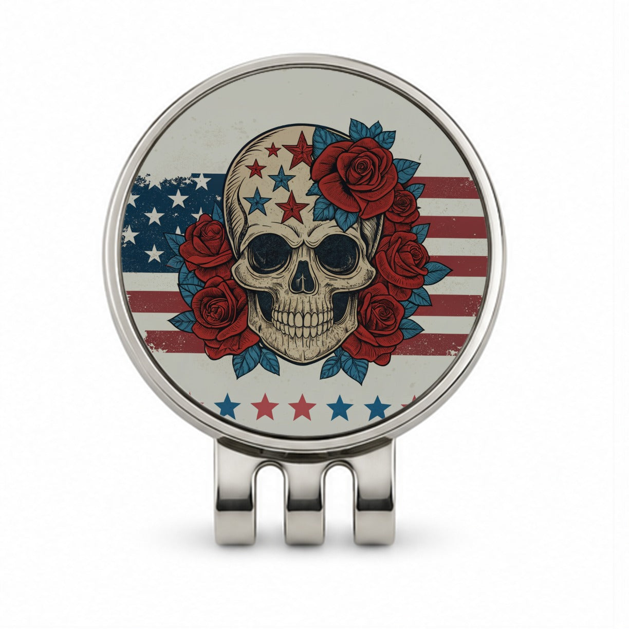 Patriotic Skull American Flag Distressed Golf Hat Clip with Ball Marker