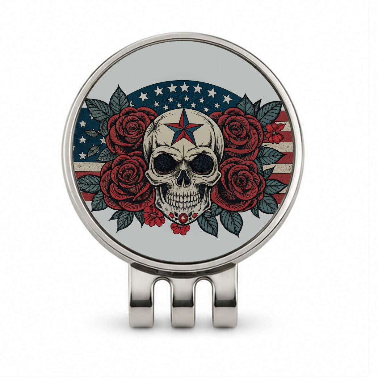 Patriotic Skull USA American Flag Golf Hat Clip with Ball Marker