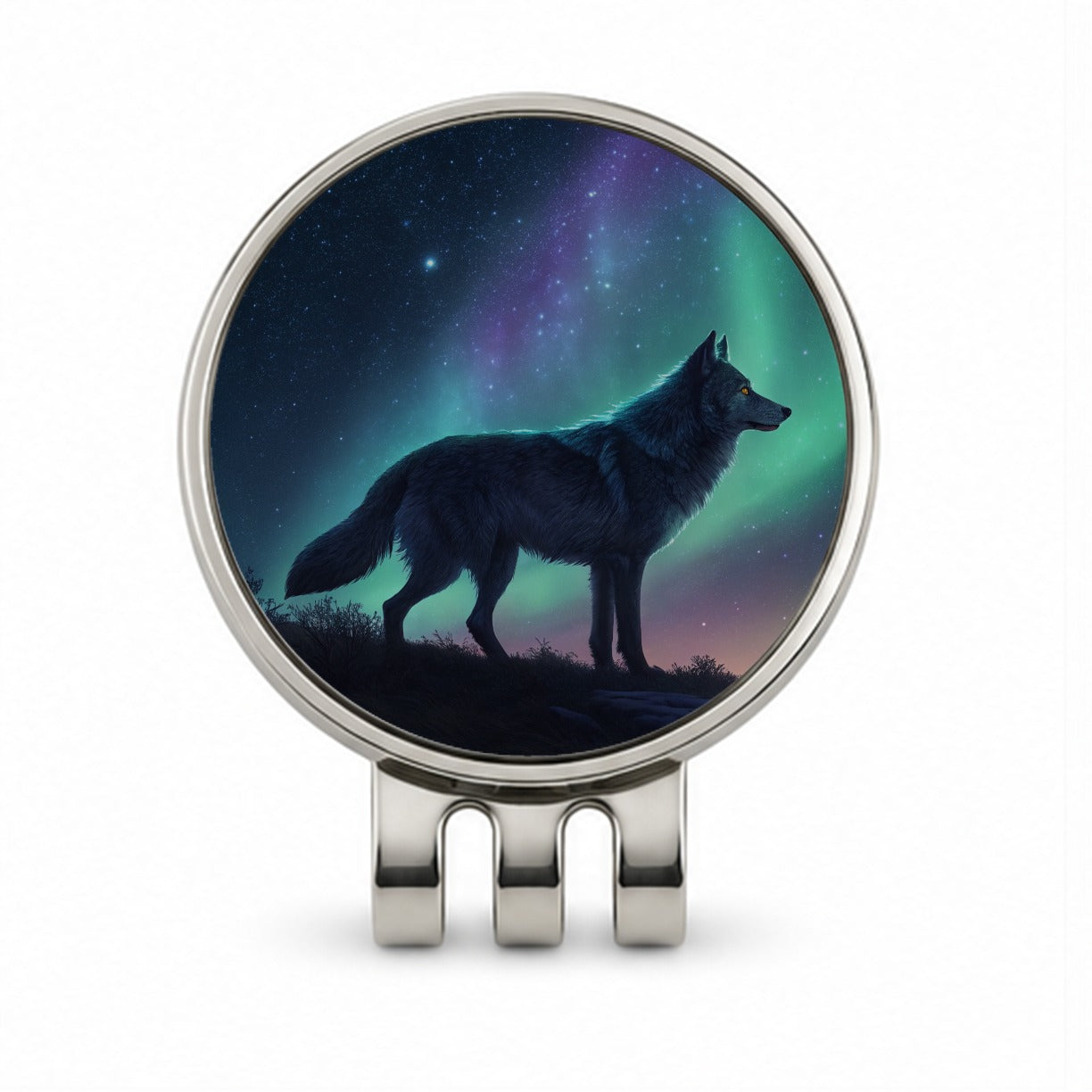 Wolf Beneath Aurora Borealis Golf Hat Clip with Ball Marker
