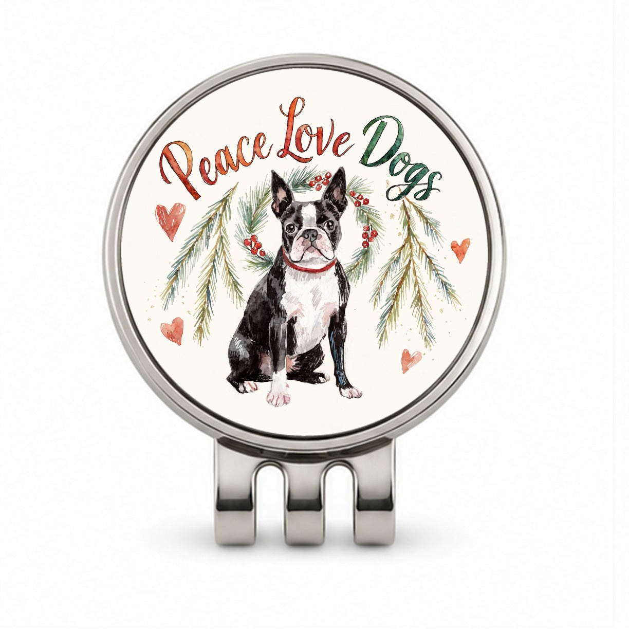 Boston Terrier Peace Love Dogs Christmas Golf Hat Clip with Ball Marker