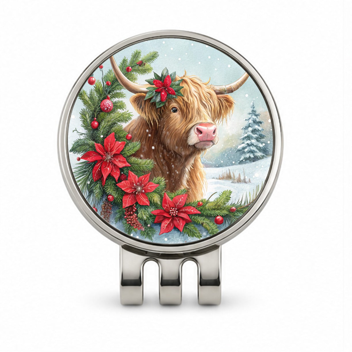 Christmas Highland Cow Golf Hat Clip with Ball Marker