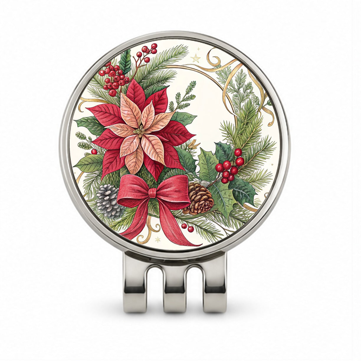 Poinsettias Holly Berries Christmas Golf Hat Clip with Ball Marker