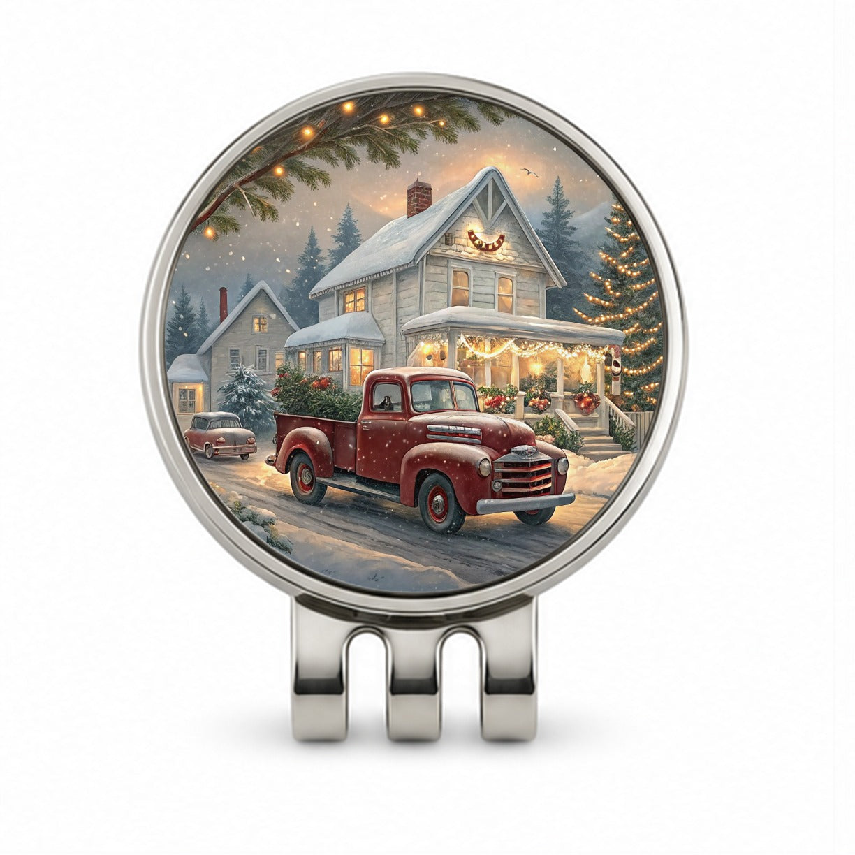 Vintage Americana Christmas Red Truck Golf Hat Clip with Ball Marker
