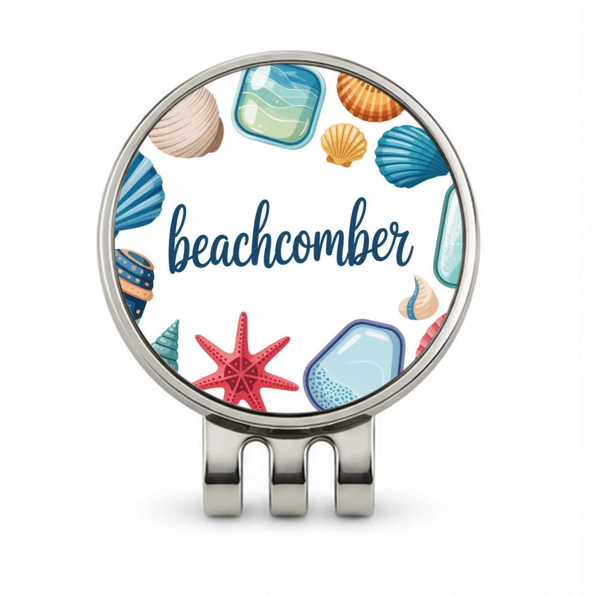 Beachcomber Seashells Sea Glass Golf Hat Clip with Ball Marker