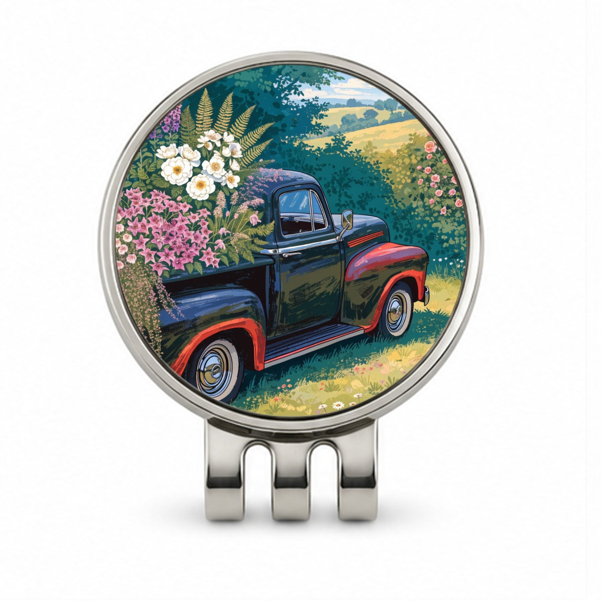 Charming Vintage Flower Pickup Truck Golf Hat Clip with Ball Marker