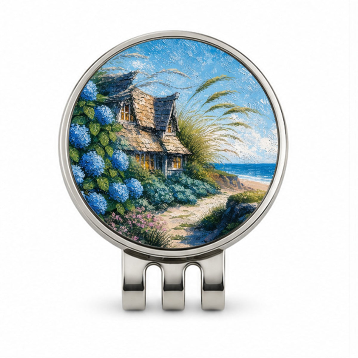 Coastal Cottage Hydrangeas Golf Hat Clip with Ball Marker