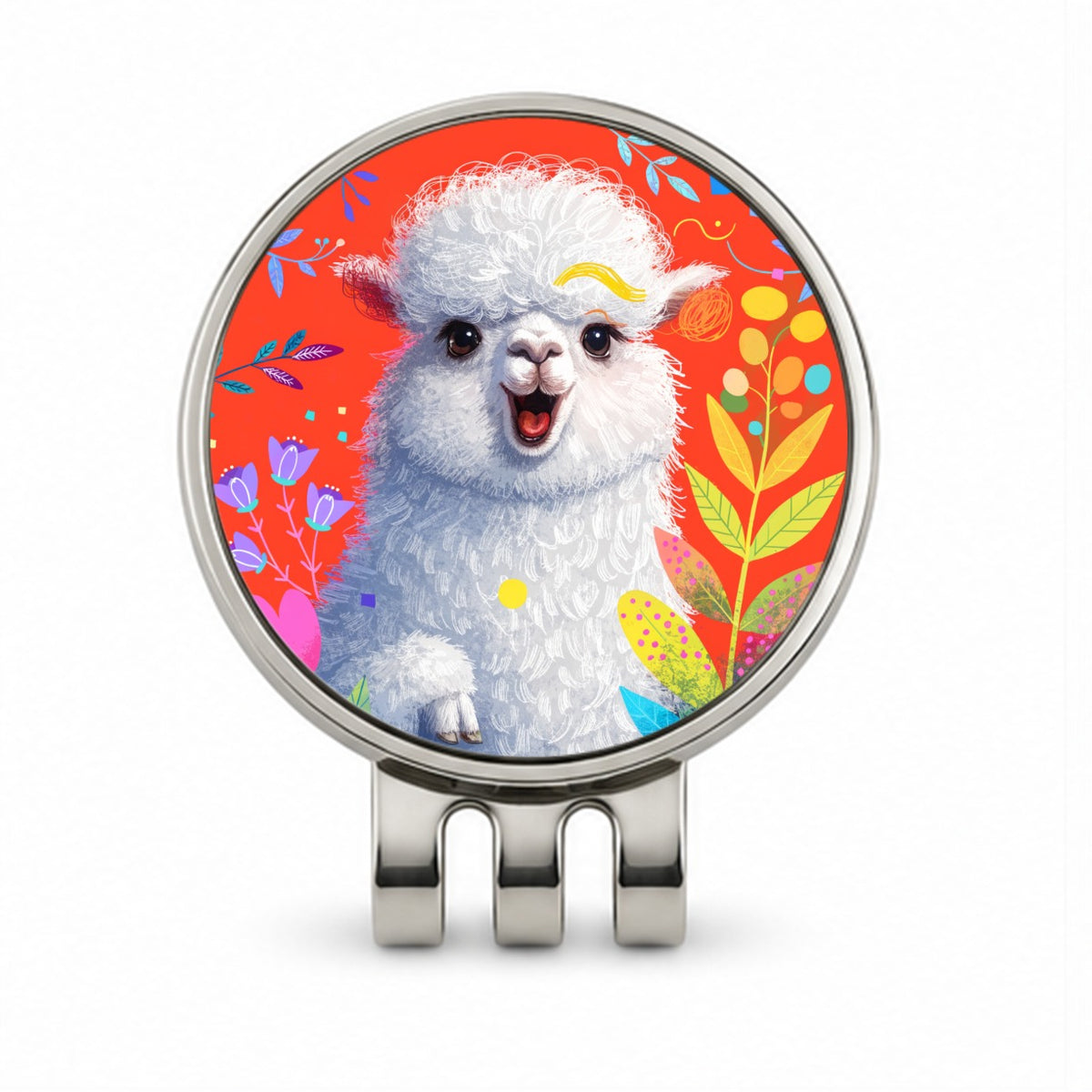 Colorful Alpaca Portrait Golf Hat Clip with Ball Marker