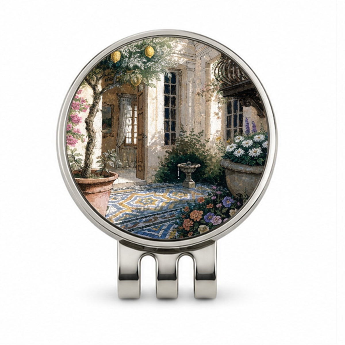 Mediterranean Courtyard Garden Golf Hat Clip with Ball Marker
