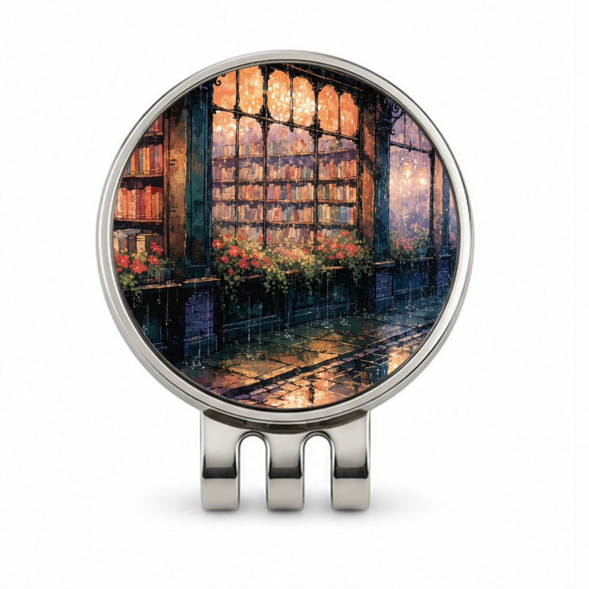 Rainy Bookshop Street Golf Hat Clip with Ball Marker
