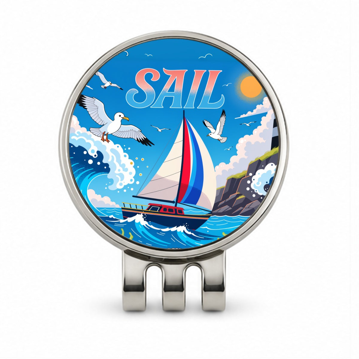 Sail Colorful Sailboat Lighthouse Birds Golf Hat Clip with Ball Marker