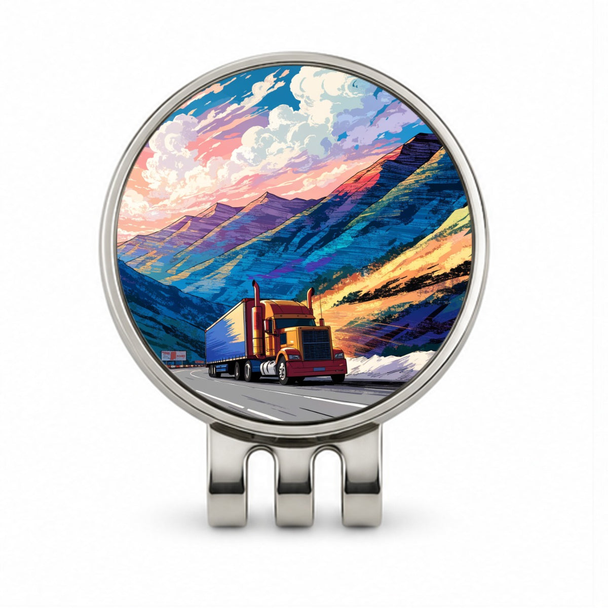 Semi Truck Traveling Driver Mountain Golf Hat Clip with Ball Marker