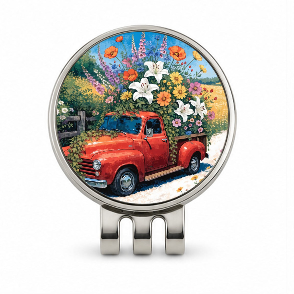 Vintage Flower Truck Golf Hat Clip with Ball Marker