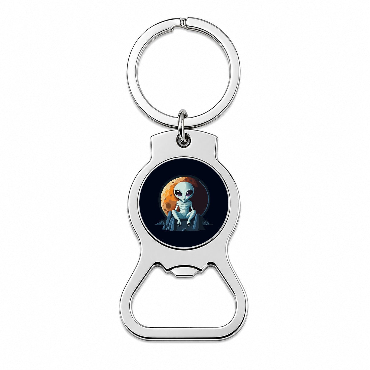 Alien Sitting Moon Planet Space Bottle Opener Keychain
