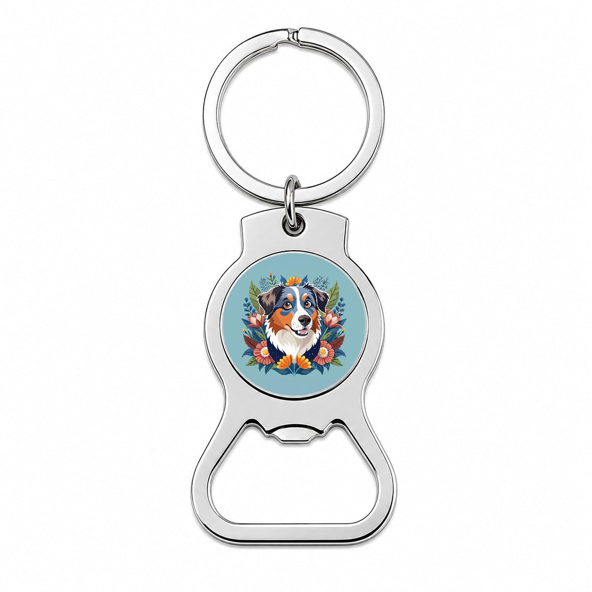 Australian Shepherd Dog Floral Flowers Bottle Opener Keychain