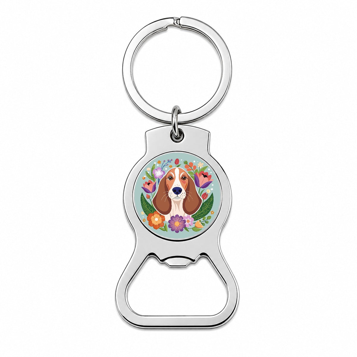 Basset Hound Dog Floral Flowers Bottle Opener Keychain