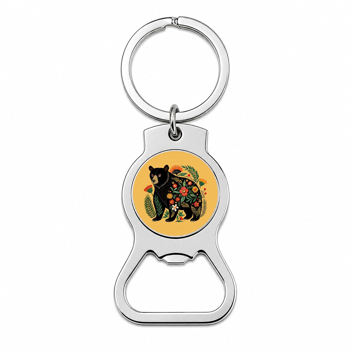 Black Bear Floral Motif Bottle Opener Keychain
