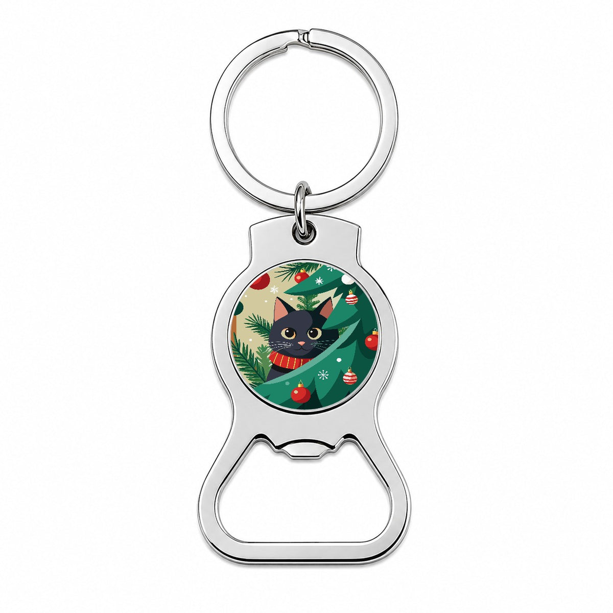 Black Cat Hiding in Christmas Tree Bottle Opener Keychain