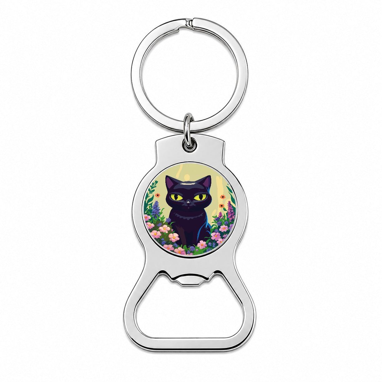 Black White Cat in Flower Garden Bottle Opener Keychain