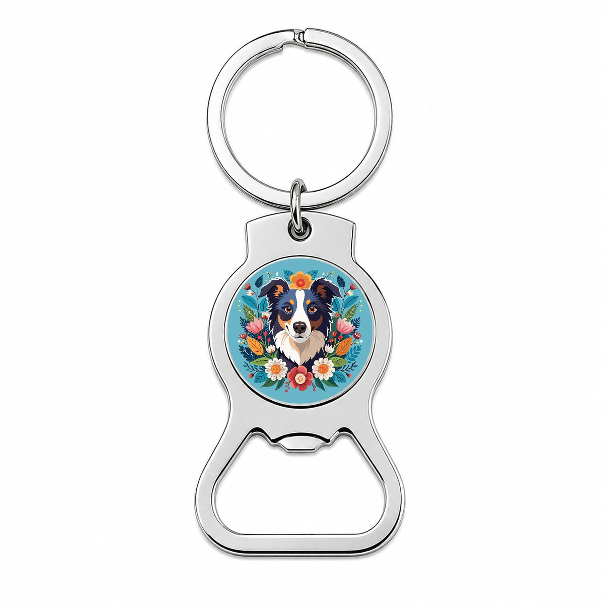 Border Collie Dog Floral Flowers Bottle Opener Keychain
