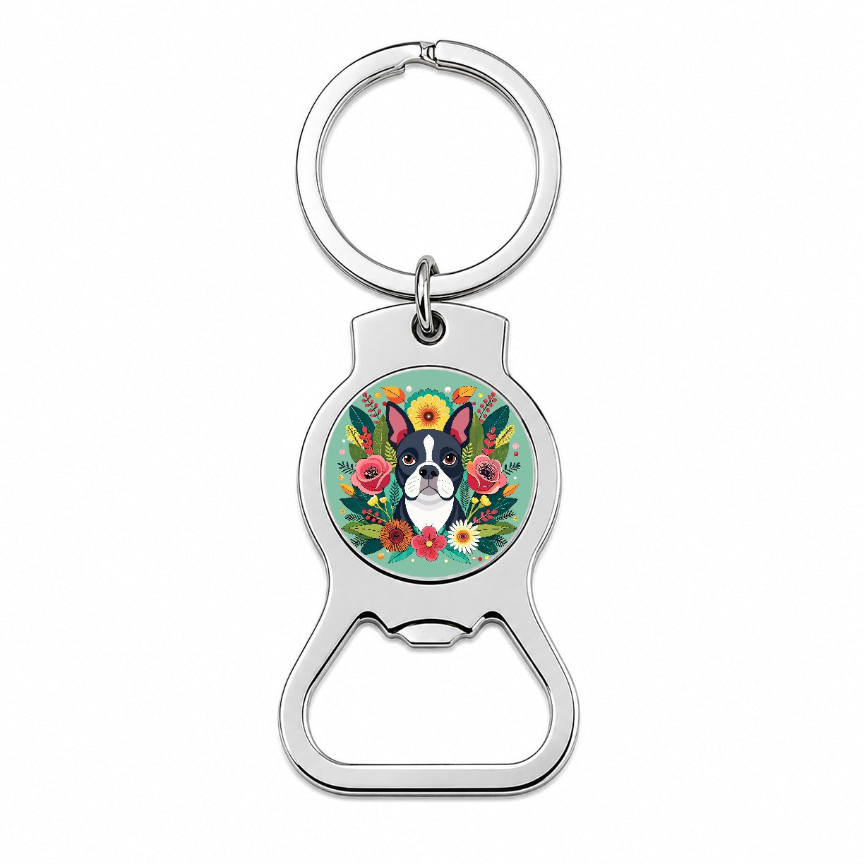 Boston Terrier Dog Floral Flowers Bottle Opener Keychain