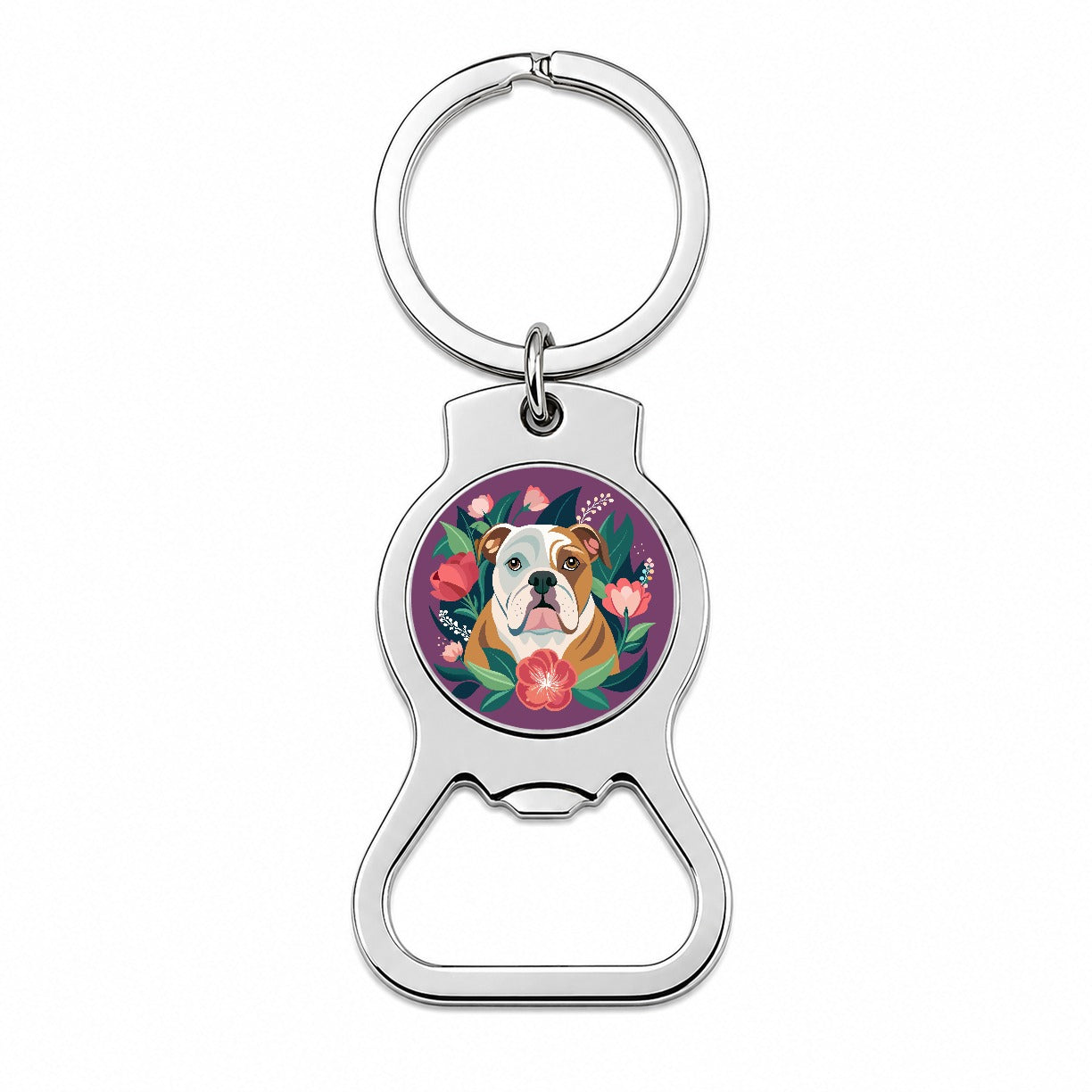 Bulldog Dog Floral Flowers Purple Background Bottle Opener Keychain