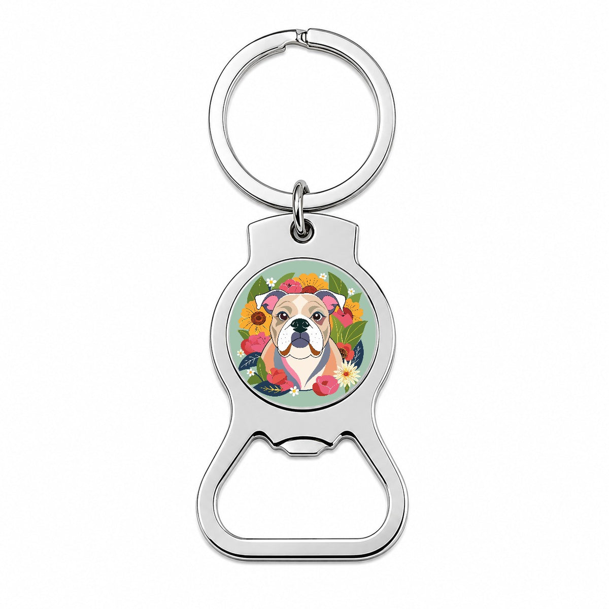 Bulldog Dog Floral Flowers Bottle Opener Keychain