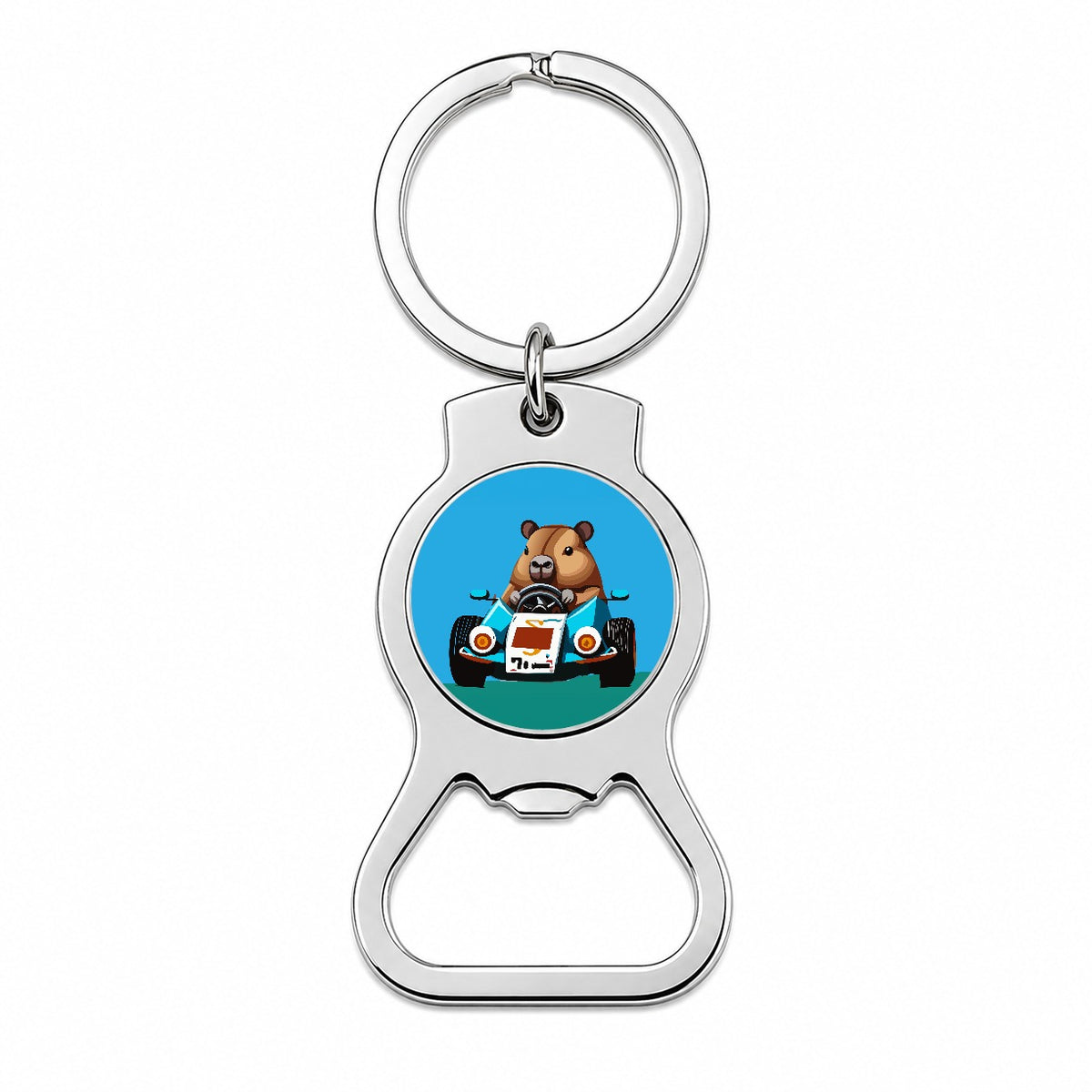 Capybara Driving Race Car Funny Bottle Opener Keychain