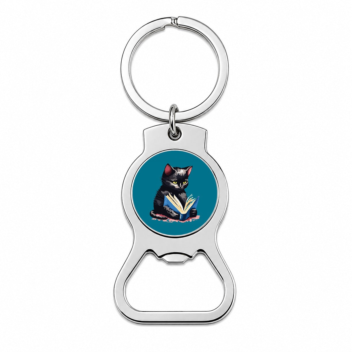 Cat Black Reading Book Reader Bottle Opener Keychain