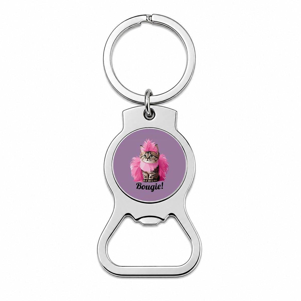 Cat Bougie Funny Pink Feather Boa Bottle Opener Keychain