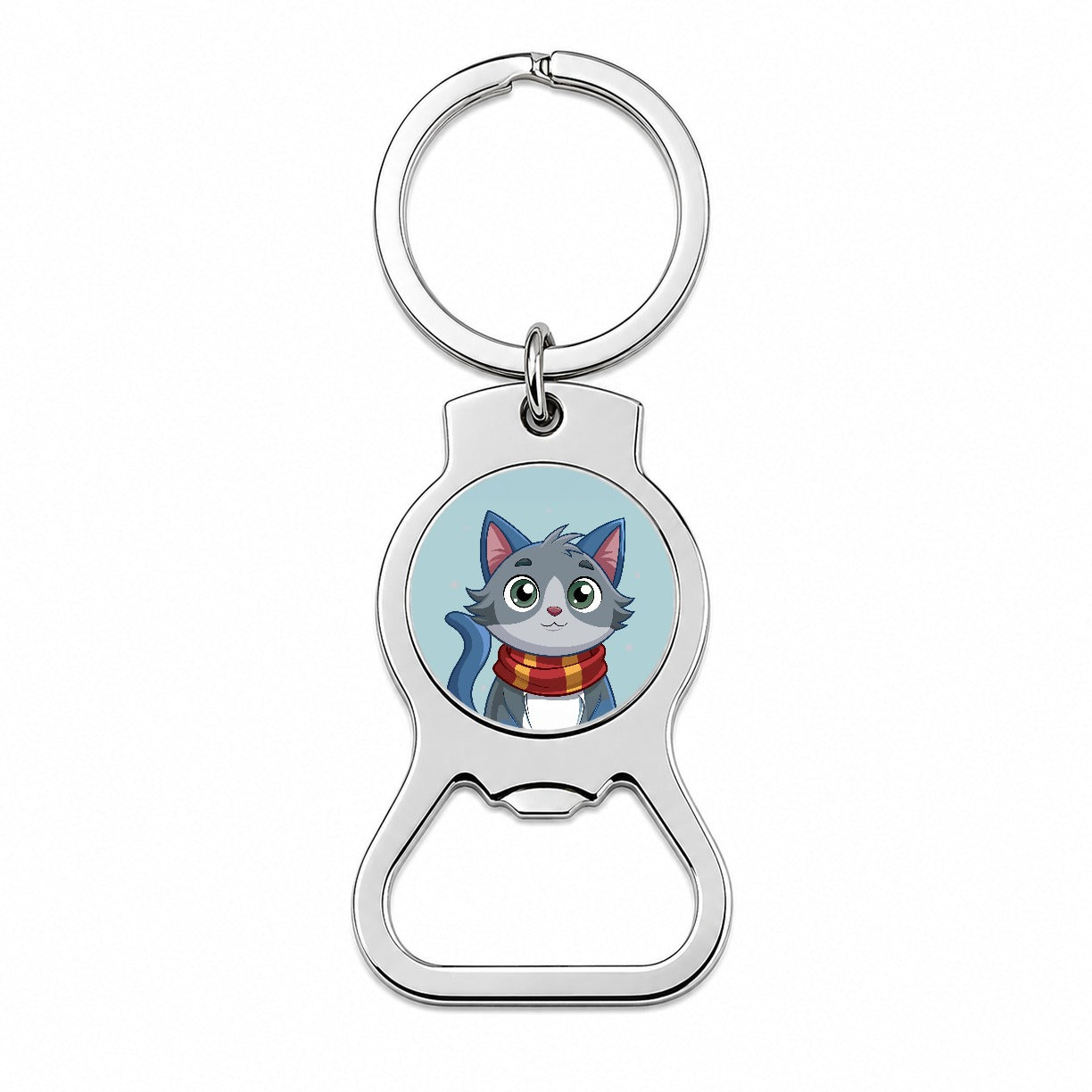 Cat Gray Wearing Winter Scarf Bottle Opener Keychain