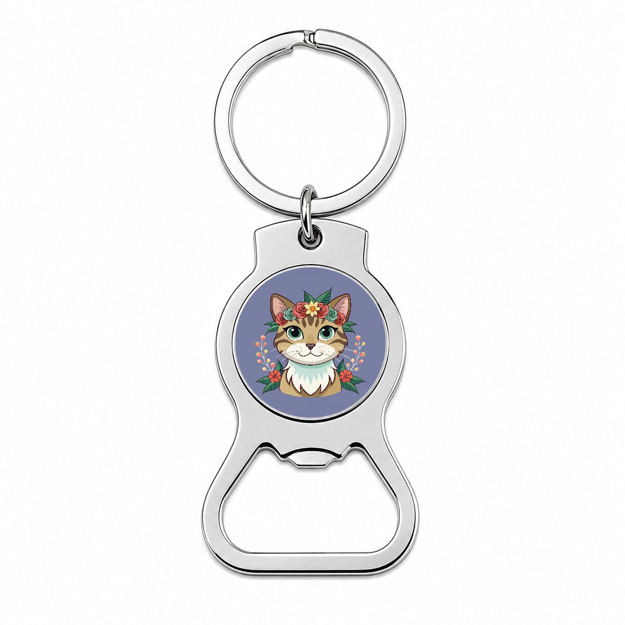 Cat Head Floral Flowers Bottle Opener Keychain