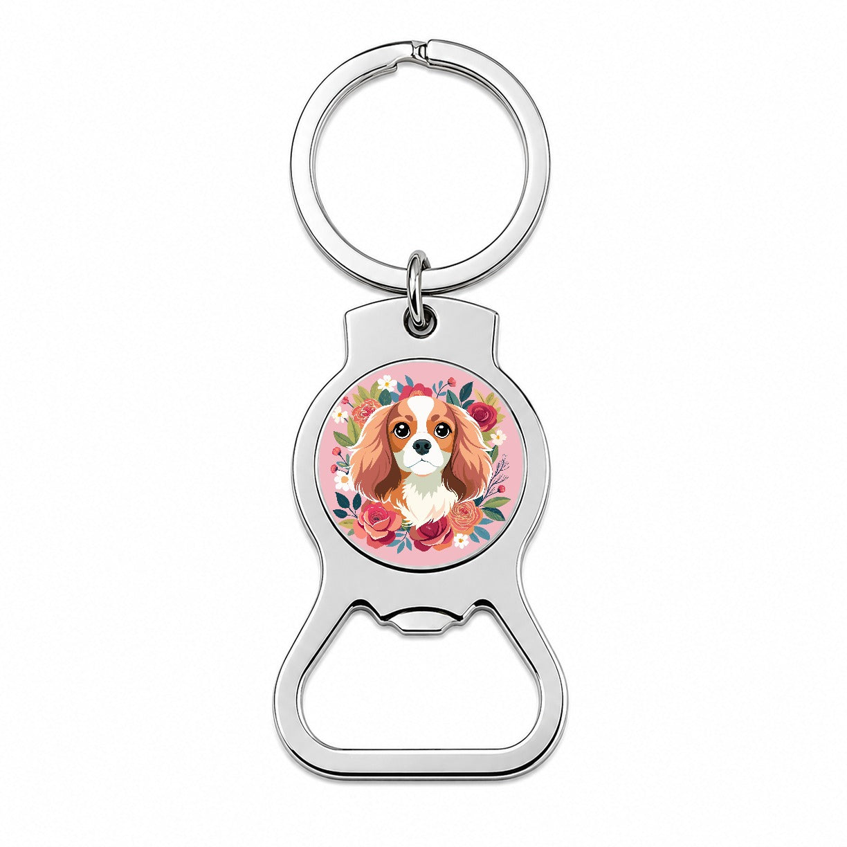 Cavalier King Charles Spaniel Dog Pink Floral Flowers Bottle Opener Keychain