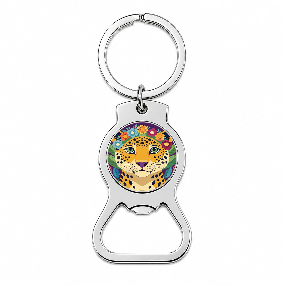 Cheetah Head Floral Flowers Bottle Opener Keychain