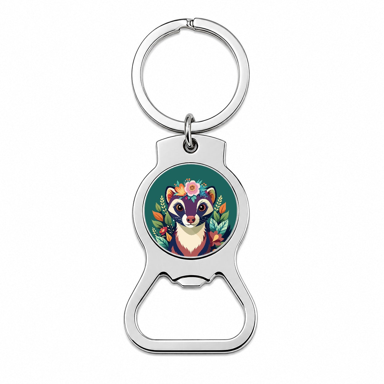 Ferret Head Floral Flowers Bottle Opener Keychain