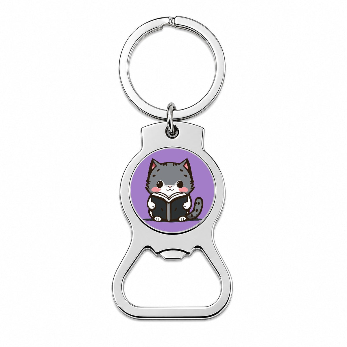 Gray Cat Reading Book Bottle Opener Keychain