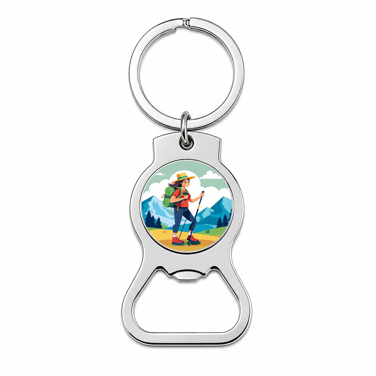 Hiker Hiking Backpacking Woman Bottle Opener Keychain