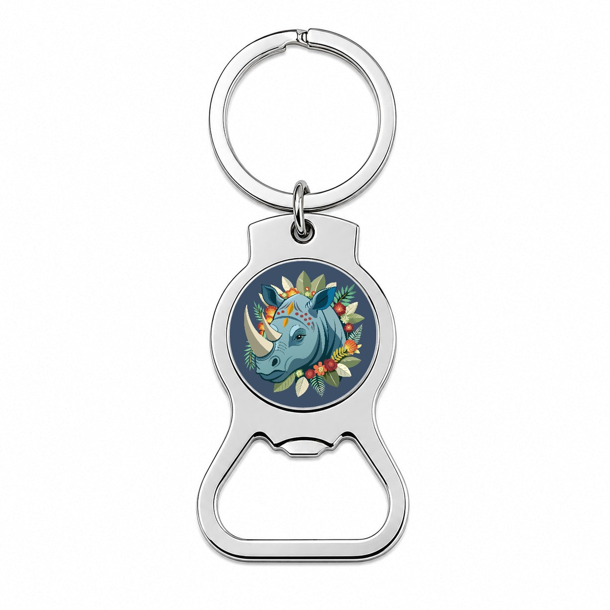Rhinoceros Head Floral Flowers Bottle Opener Keychain